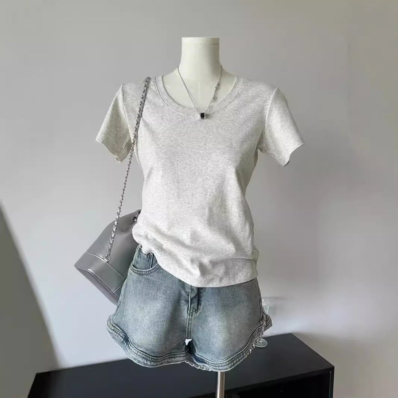 Pure U-Neck Simple Classic Top Summer Slim-Fit Slimming Korean Style All-Match Shoulder Short-Sleeve Collarbone Leaky Pink T-Shirt - Image 3