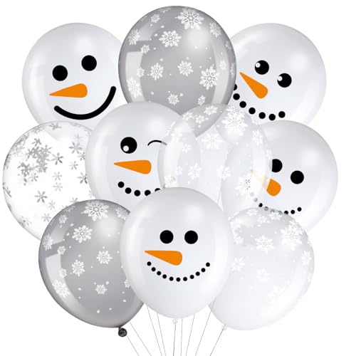 MiniInflat 50 Pcs Winter Snowflakes Balloons Clear 12 Inch Transparent Snowflakes Latex Balloons for Birthday Wedding Winter Wonderland Shower New Year Party DecorationsWhite Gray ClearSnowman - Image 1