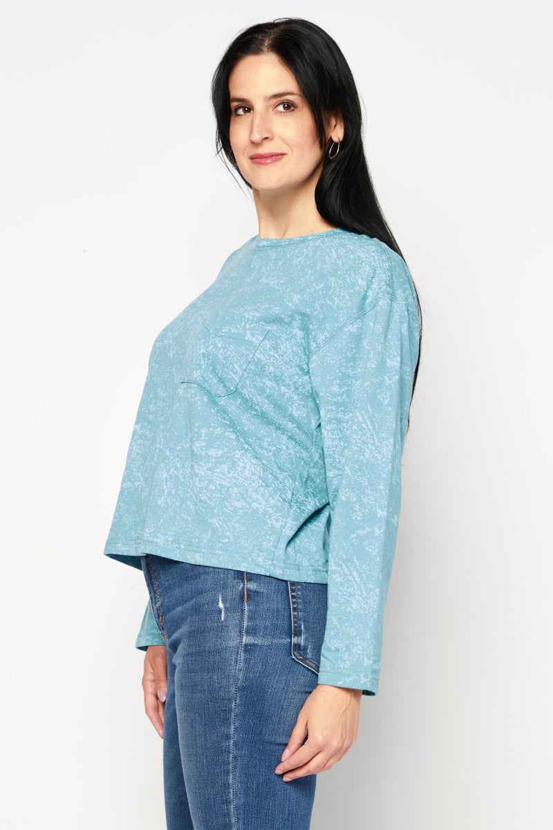 Weatherproof Women Round Neck Long Sleeves Textured Top, Turquoise - Image 3