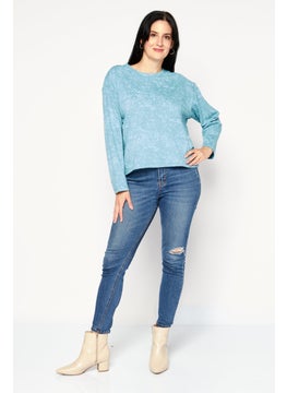 Weatherproof Women Round Neck Long Sleeves Textured Top, Turquoise  - Image 4