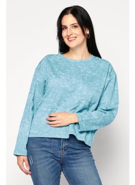 Weatherproof Women Round Neck Long Sleeves Textured Top, Turquoise  - Image 1