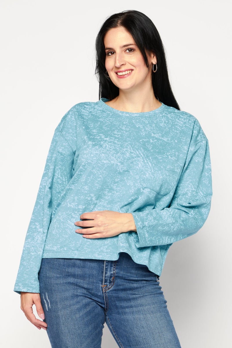 Weatherproof Women Round Neck Long Sleeves Textured Top, Turquoise - Image 1