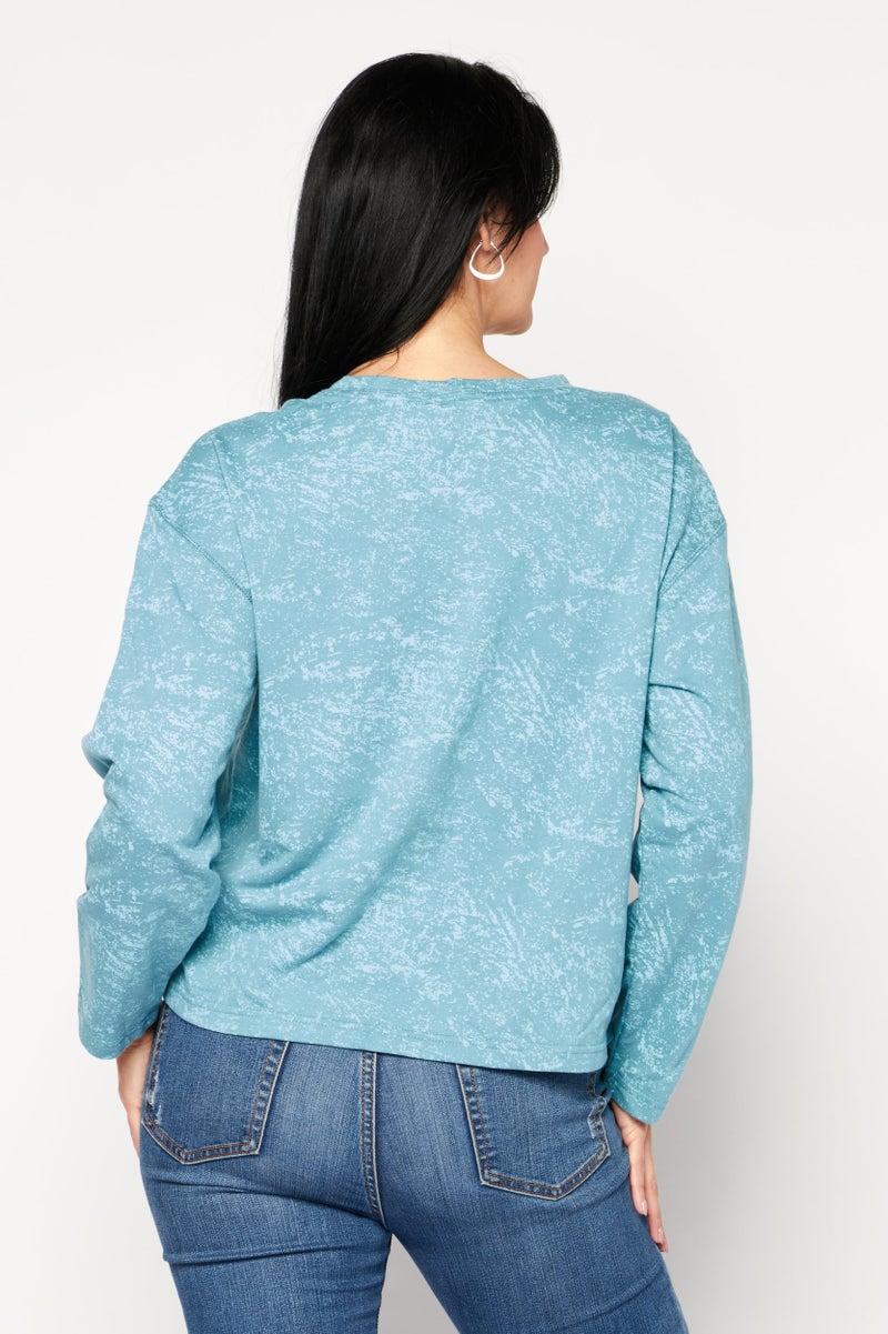 Weatherproof Women Round Neck Long Sleeves Textured Top, Turquoise - Image 2