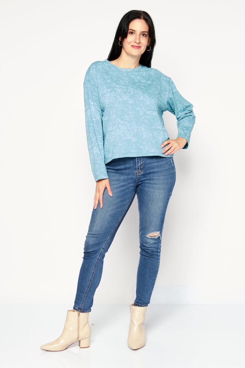 Weatherproof Women Round Neck Long Sleeves Textured Top, Turquoise - Image 4