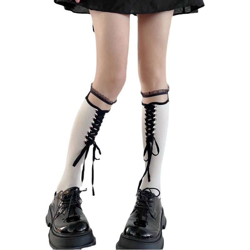 Pure Sweet and Spicy Style Black and White Design Handmade Strap Lace Calf Socks Pink Girls Socks - Image 2