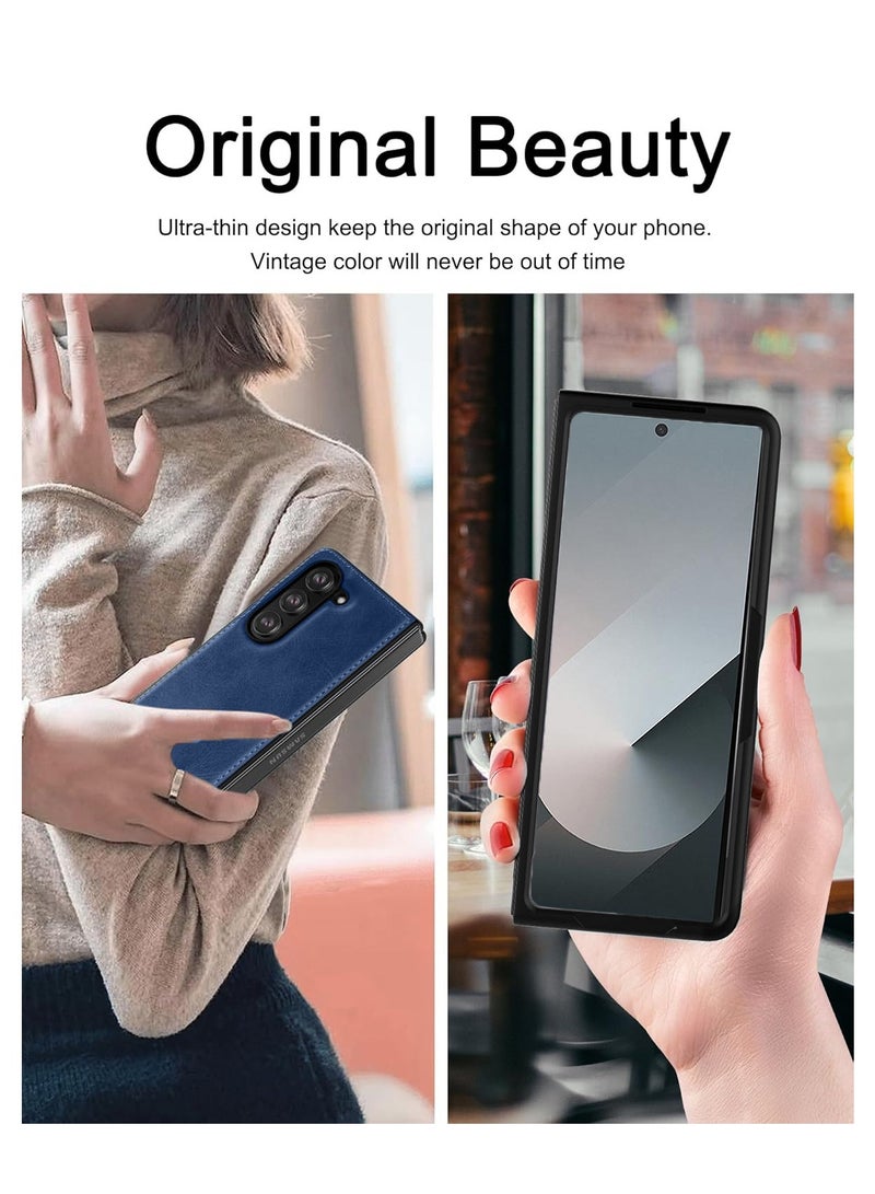 JSJM Premium Leather Stitched Luxury Case Cover For Samsung Galaxy Z Fold6 5G 2024 Navy Blue - Image 5