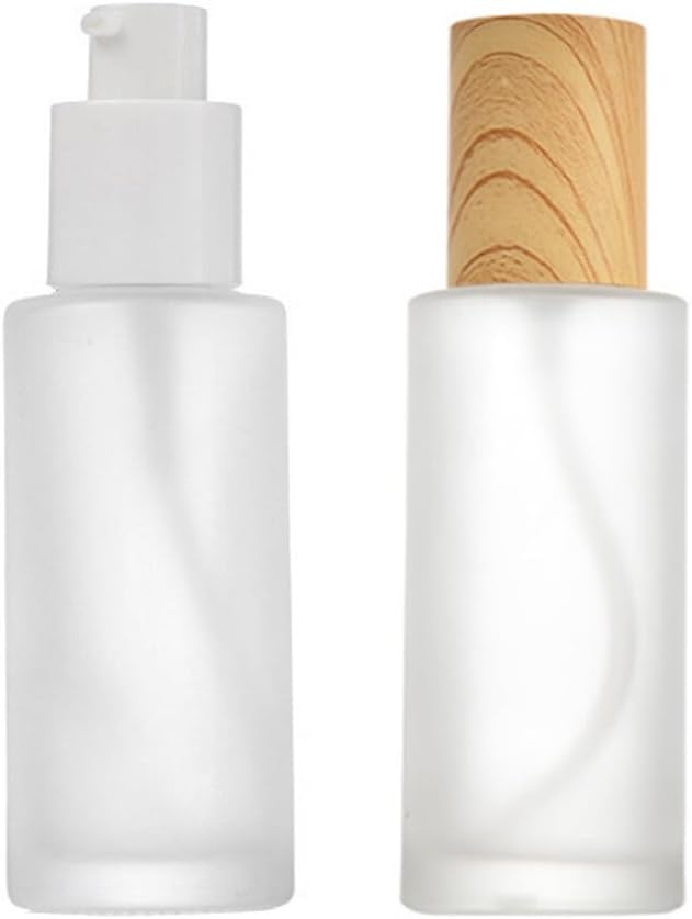 ASTRQLE 3Pcs 50ml 1.6oz Matte Glass Travel Pump Bottles for Toiletries Travel Container Lotion Dispenser Bottle Soap Dispenser Jar with Wood Grain Lid for Cream Toner Essential Oils(Translucent)
