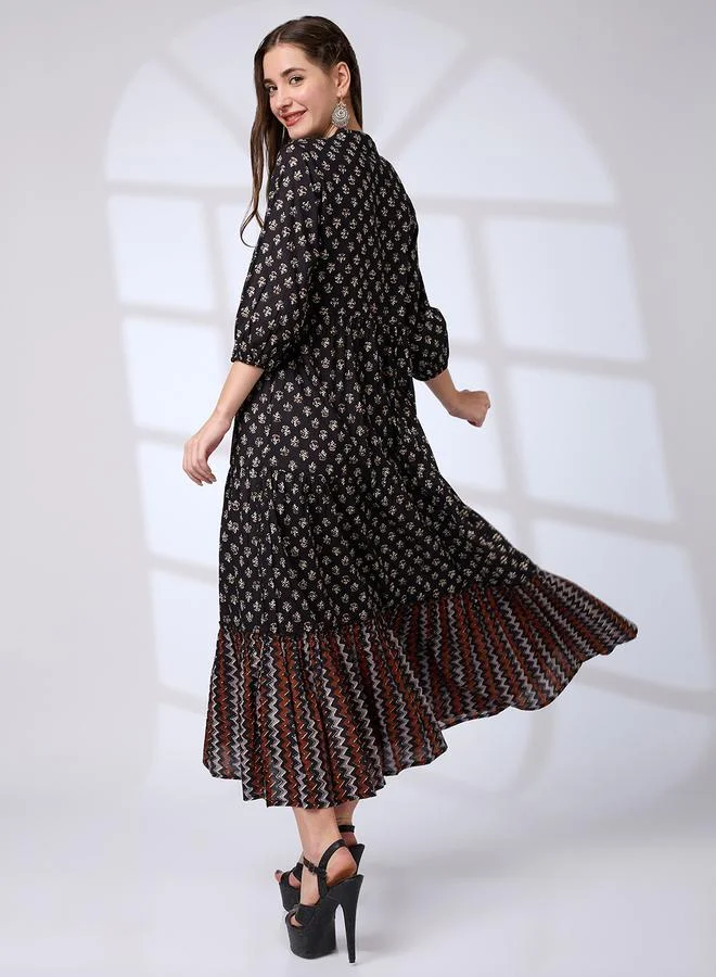 globus Globus Black Cotton Ethnic Print Workwear Maxi Dress