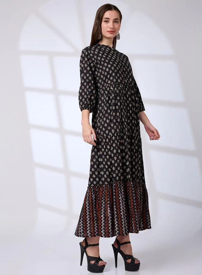 globus Globus Black Cotton Ethnic Print Workwear Maxi Dress