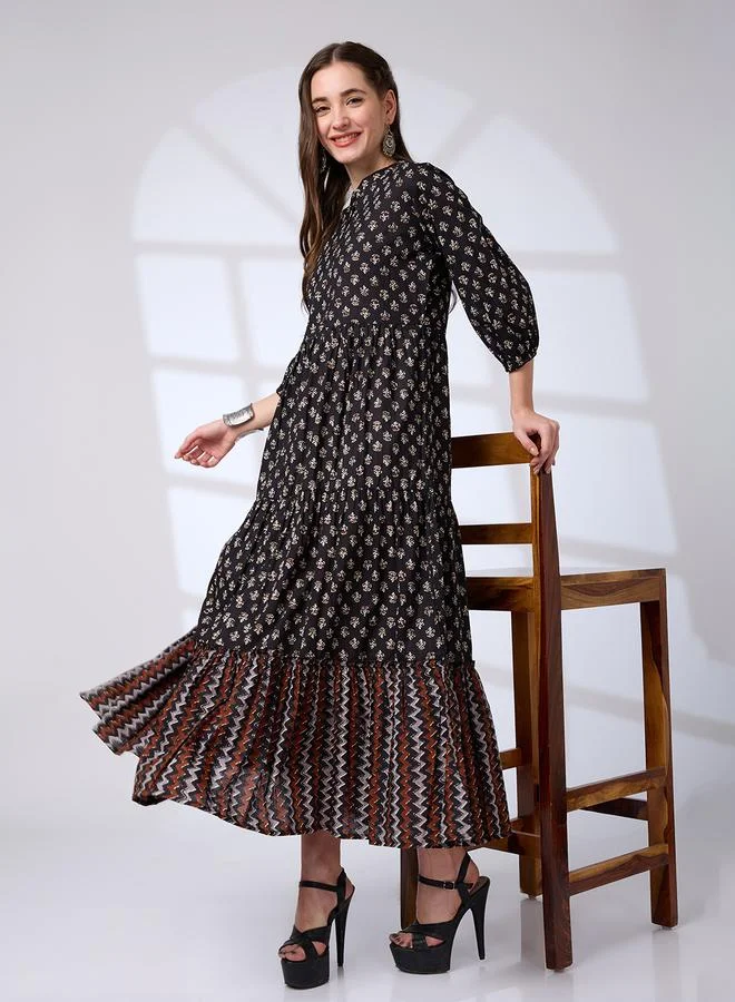 globus Globus Black Cotton Ethnic Print Workwear Maxi Dress