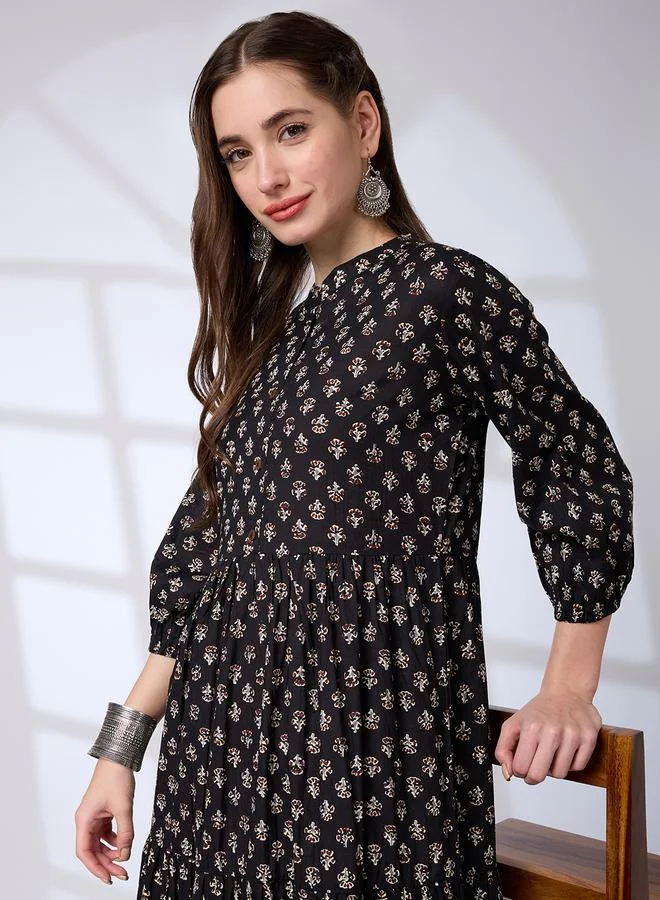 globus Globus Black Cotton Ethnic Print Workwear Maxi Dress