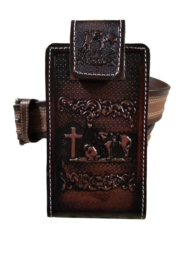 marquez Western autentic Tooled Leather Mexican Cell Phone case for Belt. Men and Horse Pray Design. with Magnetic Closure. Universal Size (Brown) - Image 5