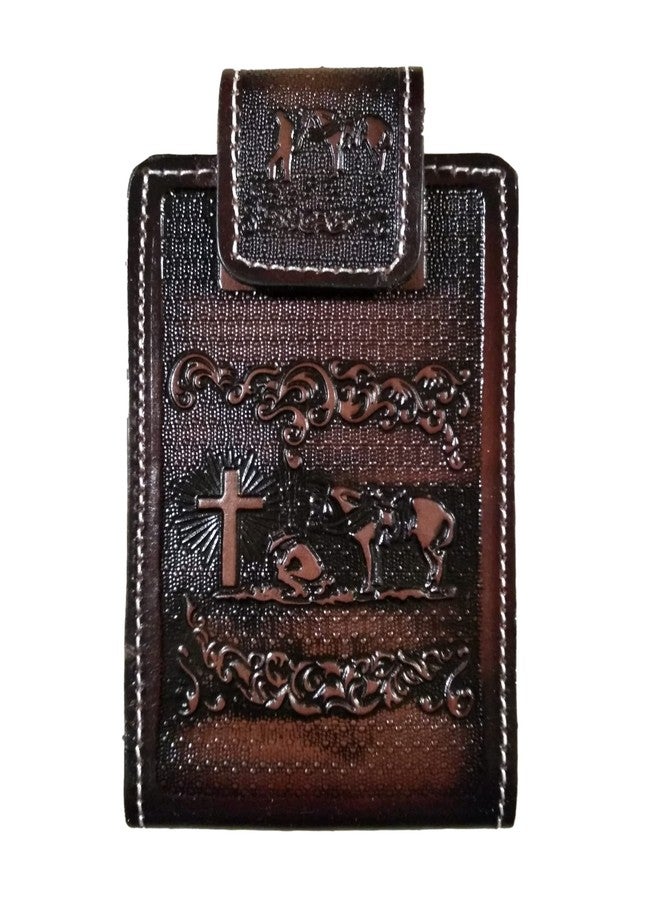 marquez Western autentic Tooled Leather Mexican Cell Phone case for Belt. Men and Horse Pray Design. with Magnetic Closure. Universal Size (Brown) - Image 1