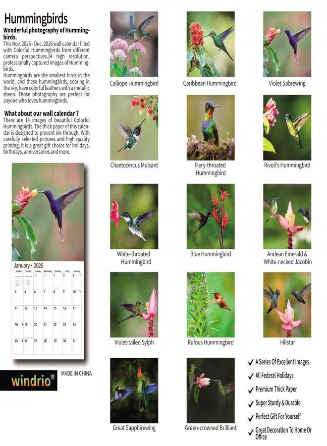 windrio 2026 Wall Calendar,Calendar 2026, November 2025 - December 2026, Wall Calendar Hummingbird, 12" x 24" Opened,Full Page Months Thick & Sturdy Paper for Calendar Organizing & Planning - Image 2