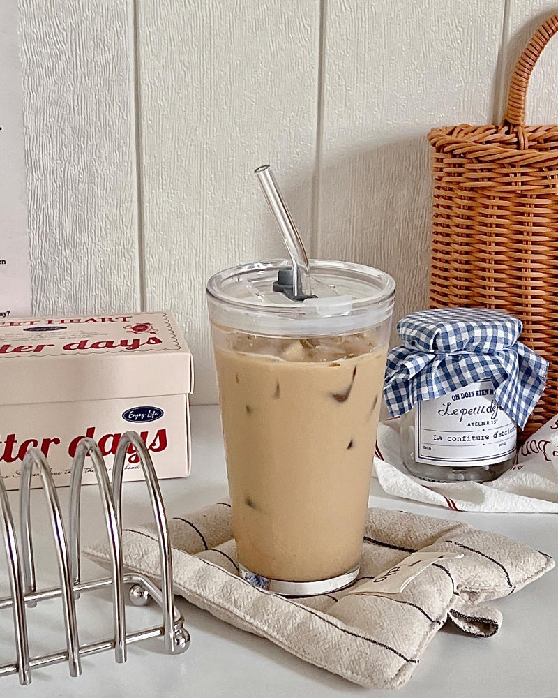 Olvini 15oz Glass Tumbler with Straw and Lid, Cute Iced Coffee Cups, Aesthetic Glass Cups, Coffee Tumbler, Water Cup, Matcha Cup, Drinking Glasses (Clear) - Image 3