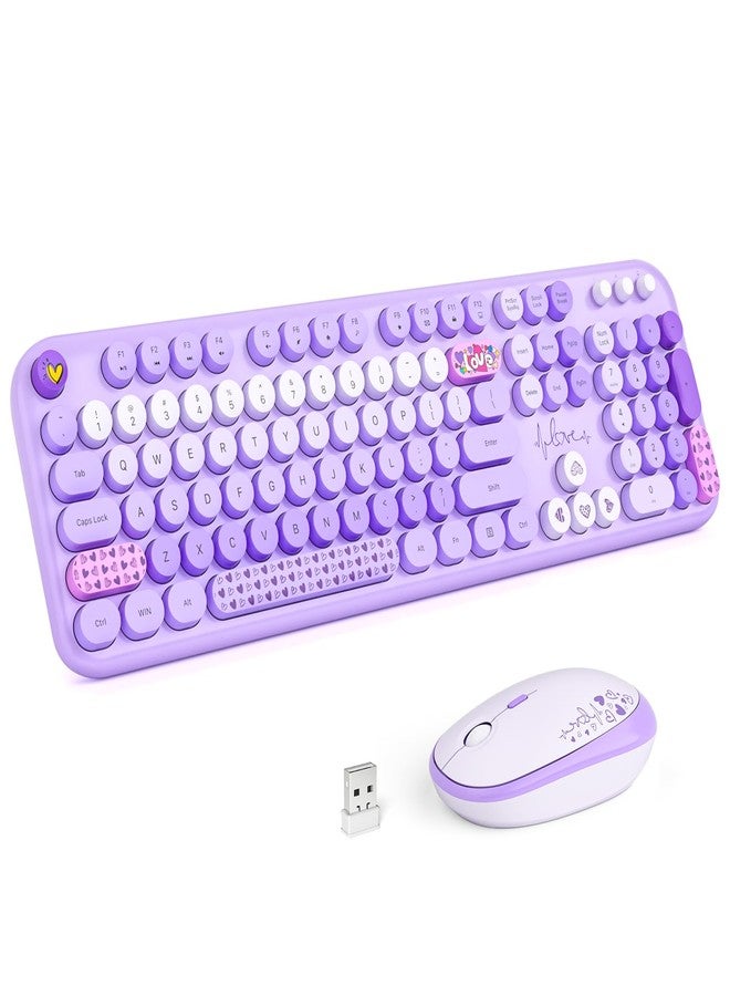 MOWUX Wireless Keyboard and Mouse Combo, Full Size Typewriter Retro Round Computer Keyboard, Cute Optical Mouse Wireless, Plug and Play, for Laptop, PC, Computer- Purple Heart - Image 1