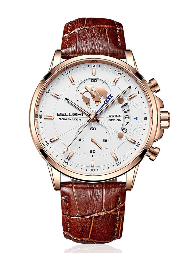 Belushi Men's Luxury Chronograph Quartz Wrist Watch, Casual Dress Black Leather Band Calendar Date Analog Formal Business Waterproof Wristwatch, Fashion Gifts Luminous Dial Watches for Men  - Image 1