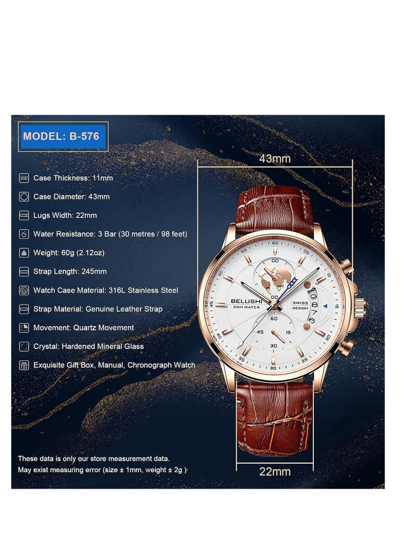Belushi Men's Luxury Chronograph Quartz Wrist Watch, Casual Dress Black Leather Band Calendar Date Analog Formal Business Waterproof Wristwatch, Fashion Gifts Luminous Dial Watches for Men  - Image 2