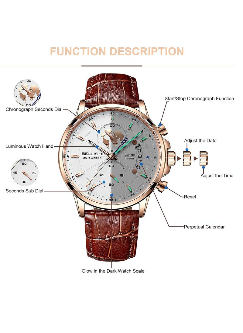 Belushi Men's Luxury Chronograph Quartz Wrist Watch, Casual Dress Black Leather Band Calendar Date Analog Formal Business Waterproof Wristwatch, Fashion Gifts Luminous Dial Watches for Men  - Image 3