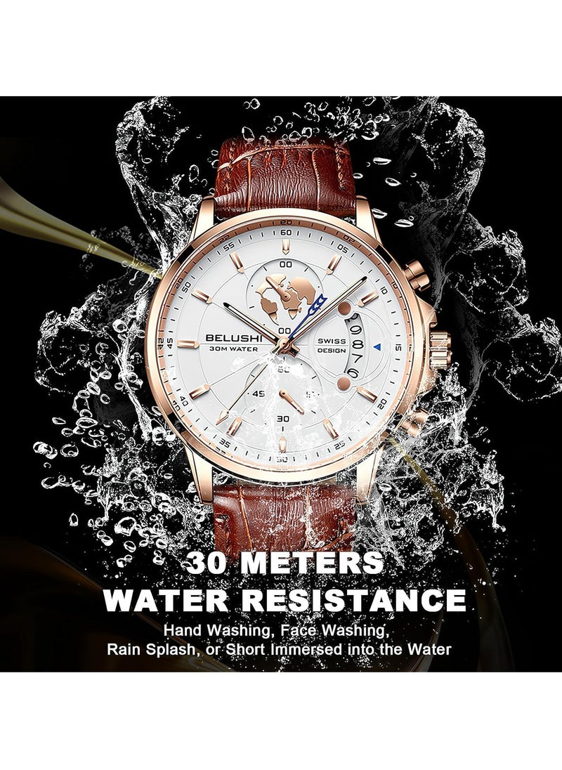 Belushi Men's Luxury Chronograph Quartz Wrist Watch, Casual Dress Black Leather Band Calendar Date Analog Formal Business Waterproof Wristwatch, Fashion Gifts Luminous Dial Watches for Men  - Image 4
