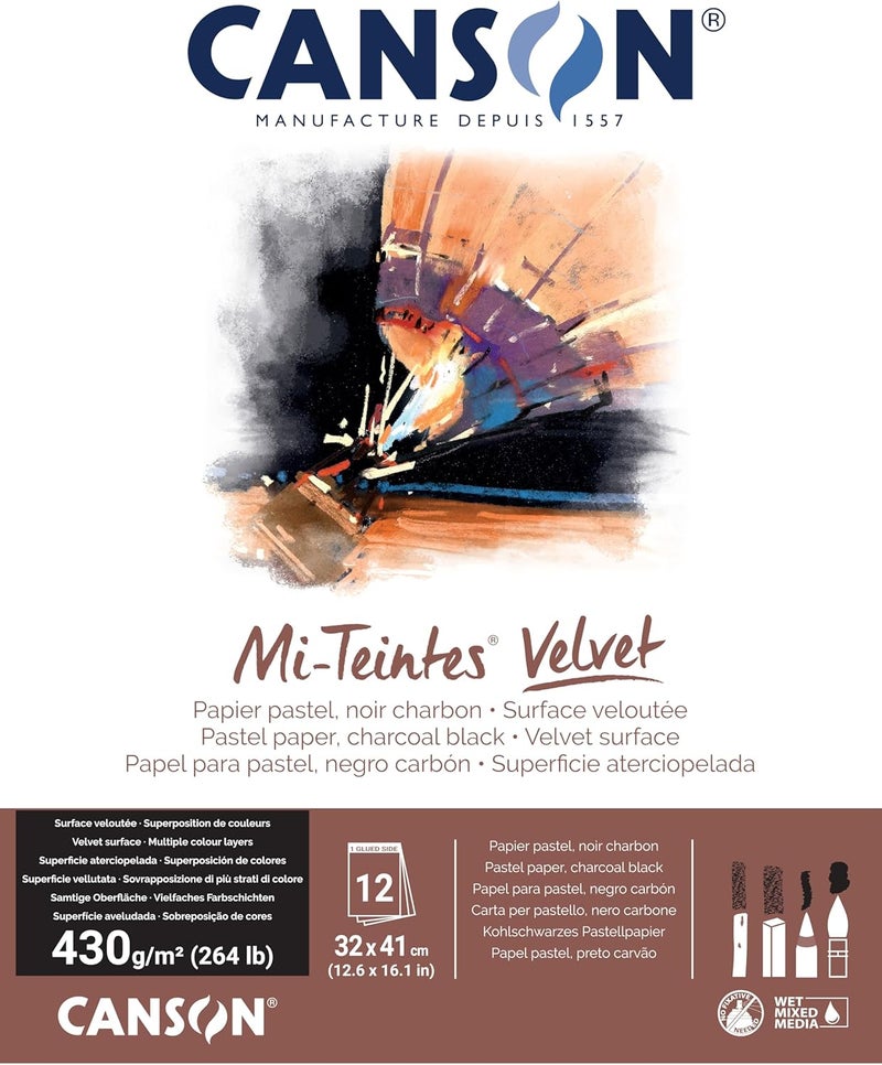 CANSON Canson MiTeintes Velvet Drawing Paper Pad Charcoal Black Glue Binding 260lb430g 12 Sheet 126x161 inch 1 Count 