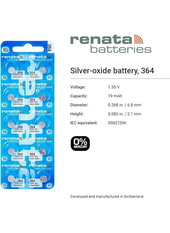 Renata - Renata wristwatch battery - Swiss made, 1.55V button cell, Renata Long Life Battery, Strap (10 pcs) 364-3, SR621SW - Image 1
