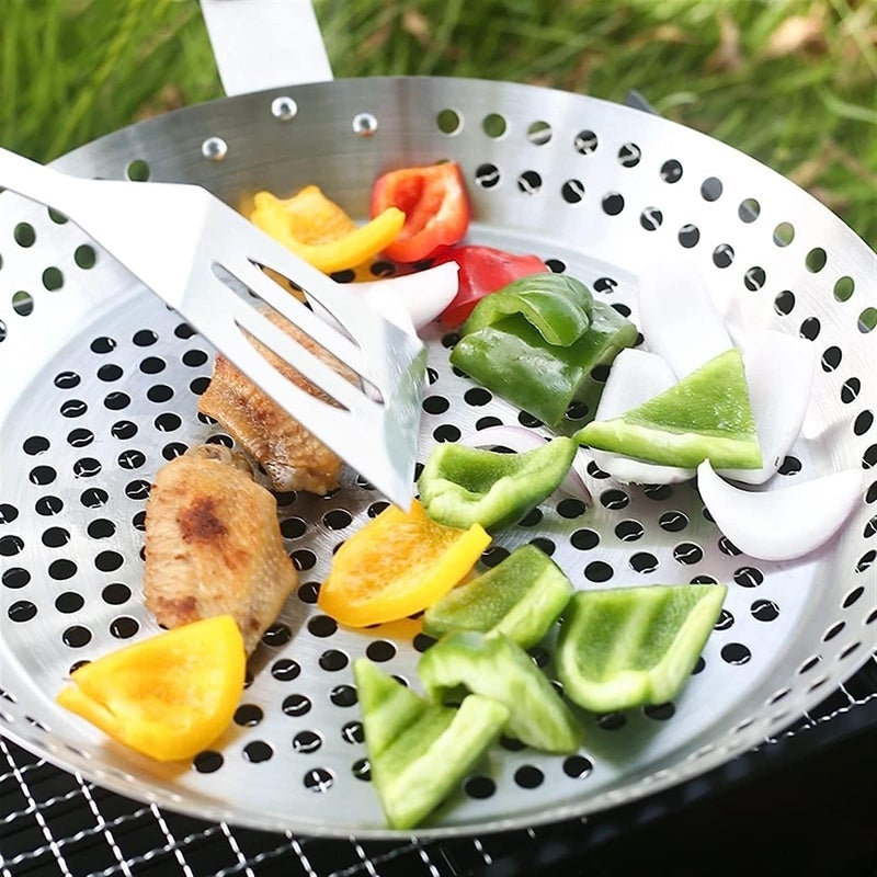 Gyanadh Gyanadh Nonstick Stainless Steel Barbecue Pan - BBQ Fry Pan with Handle, Perforated Grill Tray for Meat, Seafood, and Vegetables  - Image 4