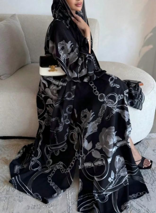 تايك تو عباية بطبعة - أسود - Image 1