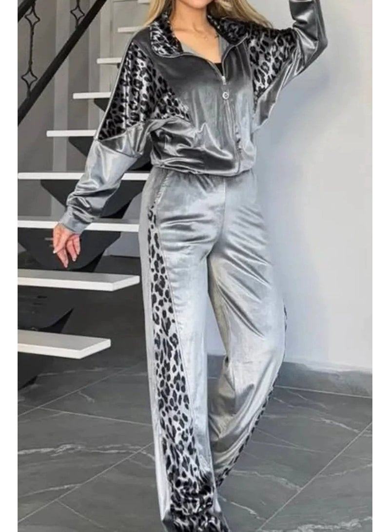 general Leopard print contrast-colored long pants long-sleeved home wear set - Image 1