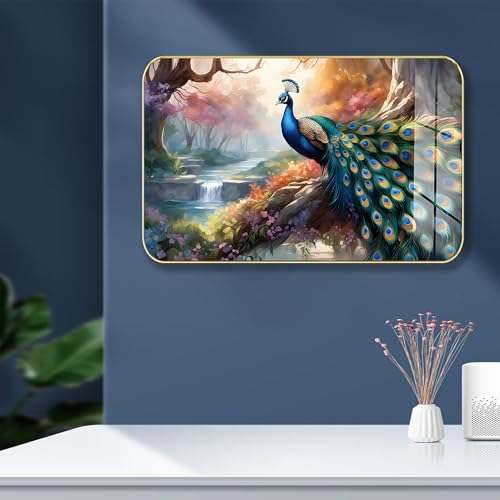 Masstone Premium Crystal Peacock Colorful High Glossy Surface Golden Slim Frame, 45x30 cm – Wall Art for Living Room, Bedroom, and Office Decor - Image 1