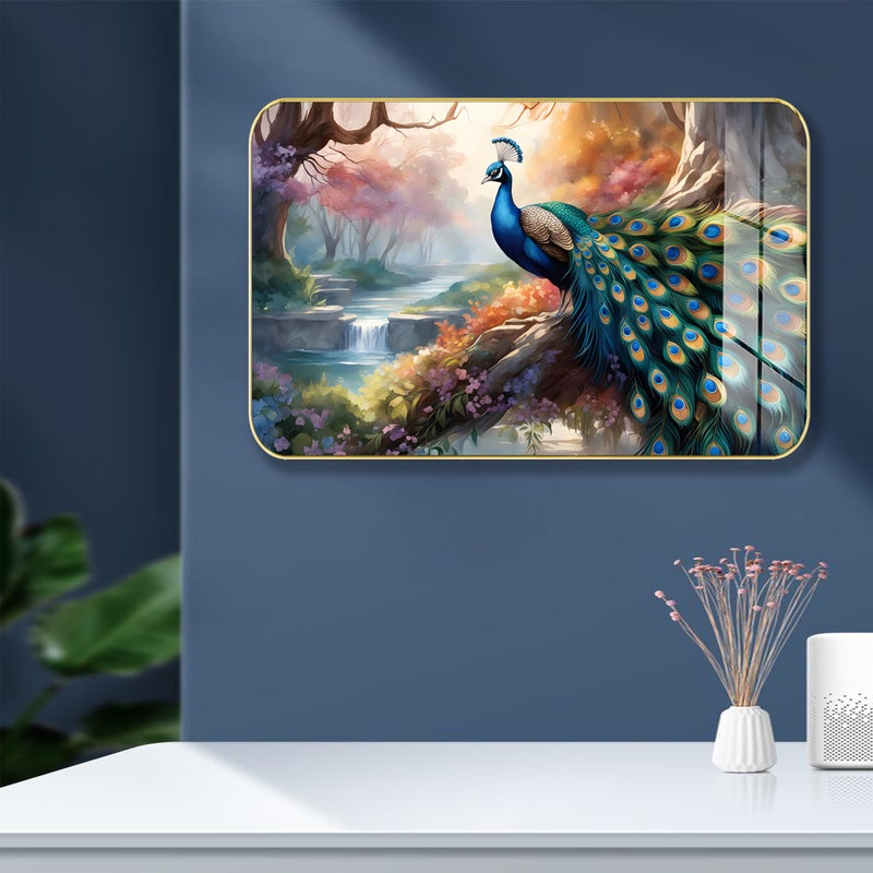 Masstone Premium Crystal Peacock Colorful High Glossy Surface Golden Slim Frame, 45x30 cm – Wall Art for Living Room, Bedroom, and Office Decor - Image 5