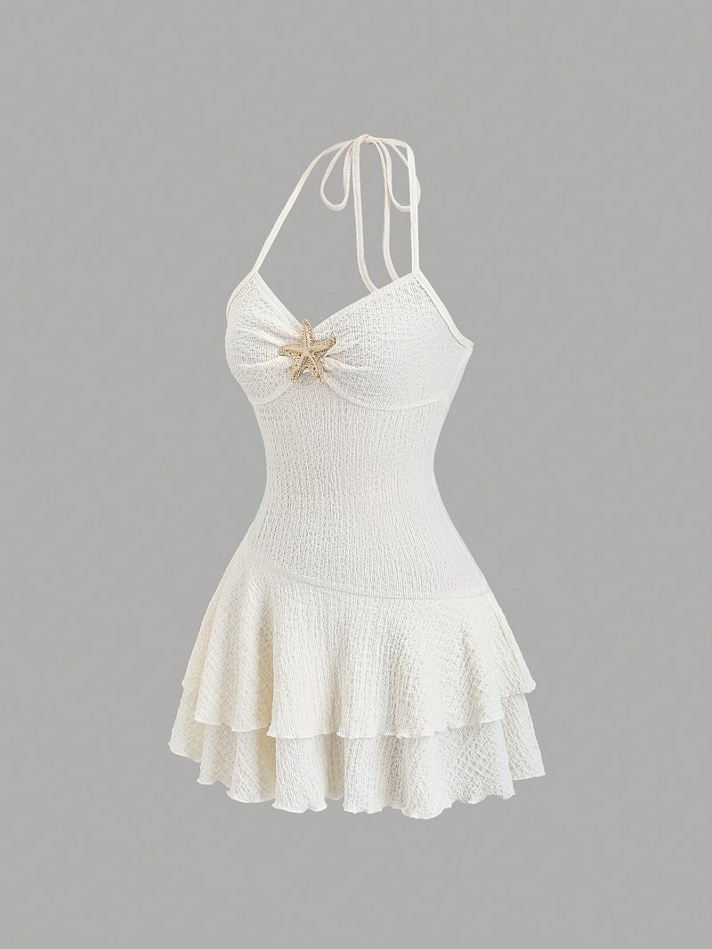 A Seaside French-Style Gentle Dress Featuring a Cream White Tie Neck with Starfish Decorations, Textured Pleated Waist, And a Cake Skirt Design, Perfect for a Pure And Elegant Vacation Look - Image 3