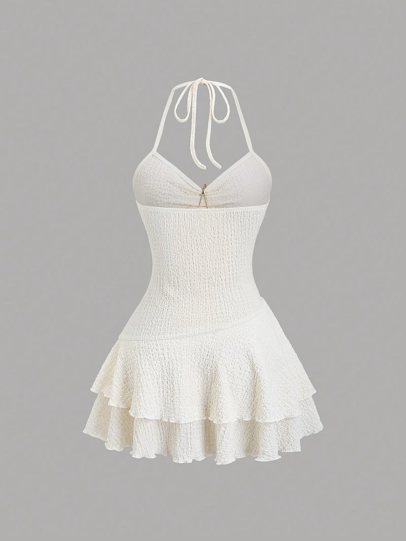 A Seaside French-Style Gentle Dress Featuring a Cream White Tie Neck with Starfish Decorations, Textured Pleated Waist, And a Cake Skirt Design, Perfect for a Pure And Elegant Vacation Look - Image 5