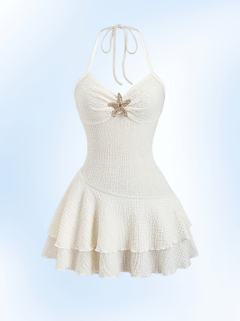A Seaside French-Style Gentle Dress Featuring a Cream White Tie Neck with Starfish Decorations, Textured Pleated Waist, And a Cake Skirt Design, Perfect for a Pure And Elegant Vacation Look - Image 4