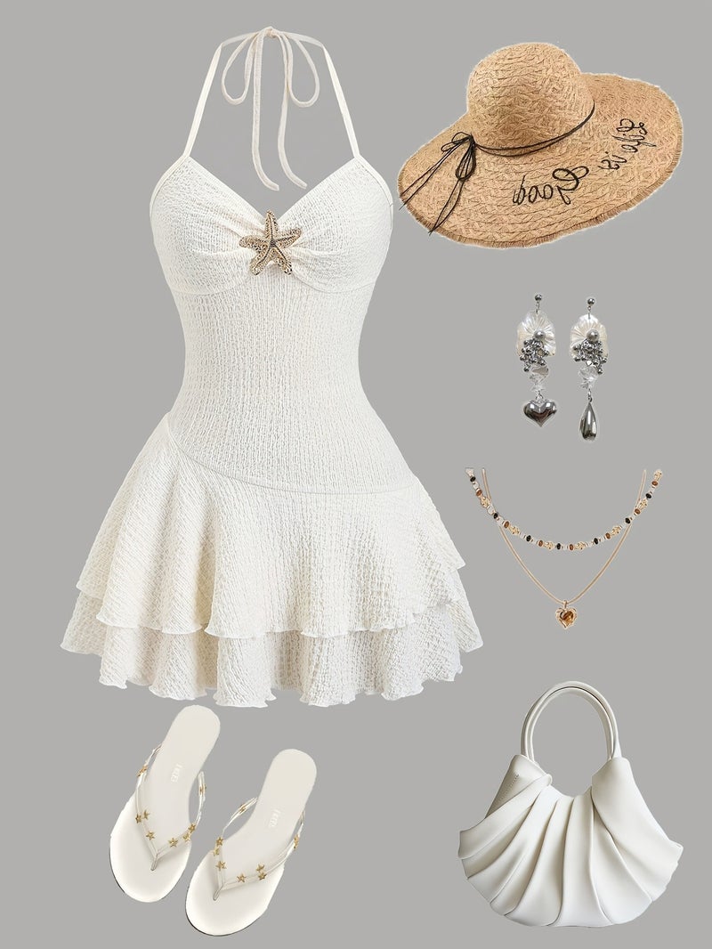 A Seaside French-Style Gentle Dress Featuring a Cream White Tie Neck with Starfish Decorations, Textured Pleated Waist, And a Cake Skirt Design, Perfect for a Pure And Elegant Vacation Look - Image 2