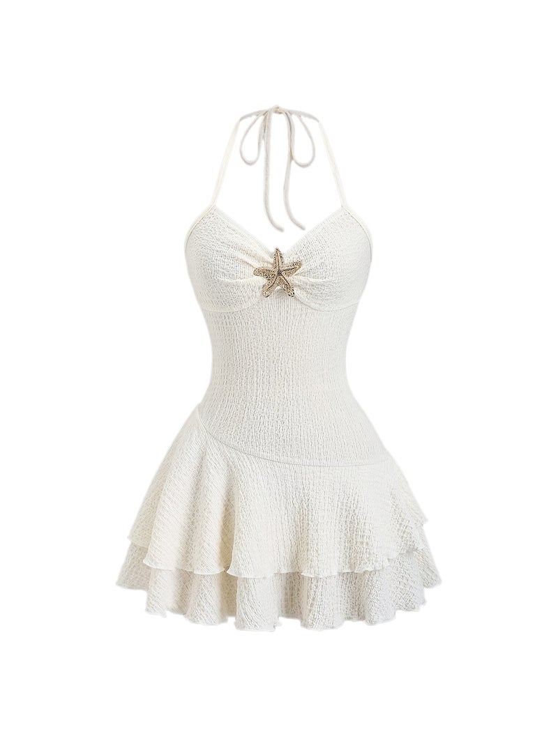 A Seaside French-Style Gentle Dress Featuring a Cream White Tie Neck with Starfish Decorations, Textured Pleated Waist, And a Cake Skirt Design, Perfect for a Pure And Elegant Vacation Look - Image 1
