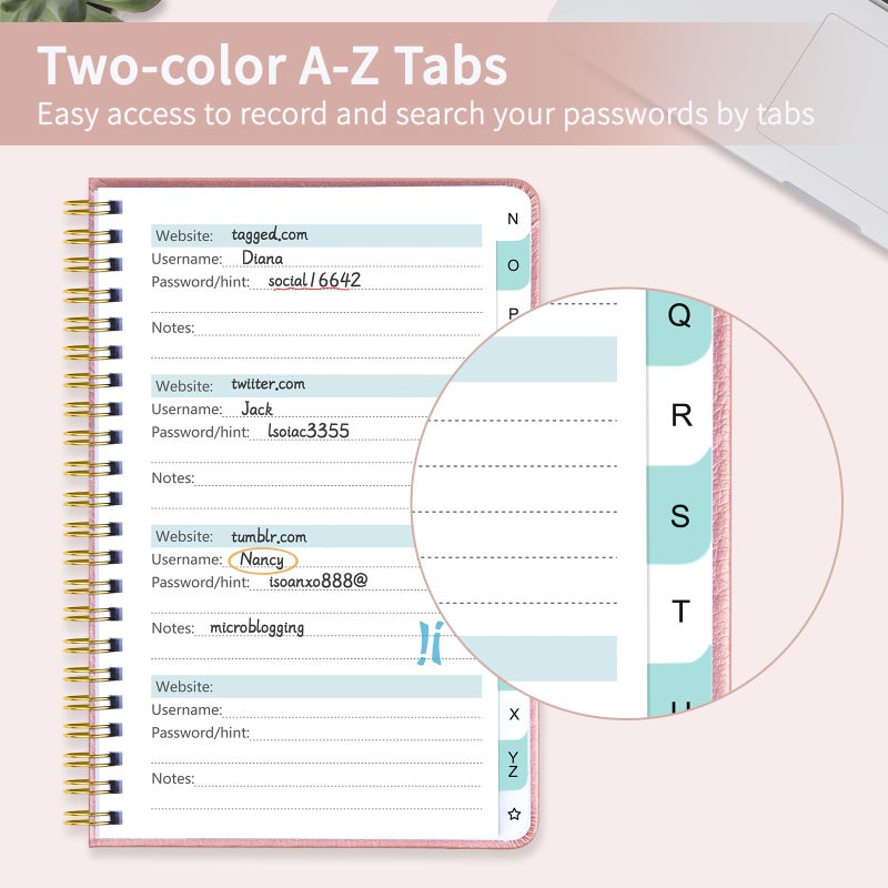 Homlive Spiral Password Book with Individual Alphabetical Tabs, Hardcover Password Keeper Book for Seniors, Password Notebook for Home or Office & Website Address Login-Rose Gold, 5.7" x 7.7" - Image 3