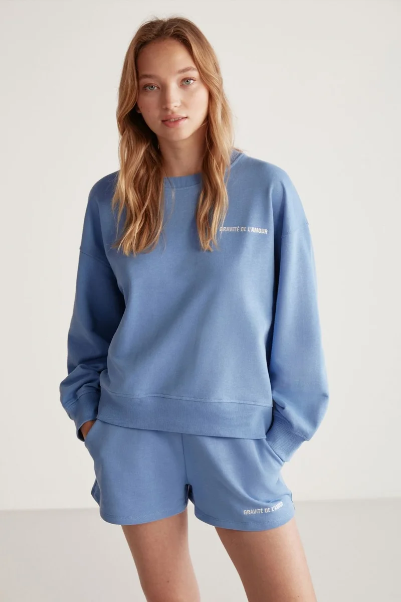 GRIMELANGE Jennifer Women's Crew Neck Printed Detailed Blue Sweatshirt