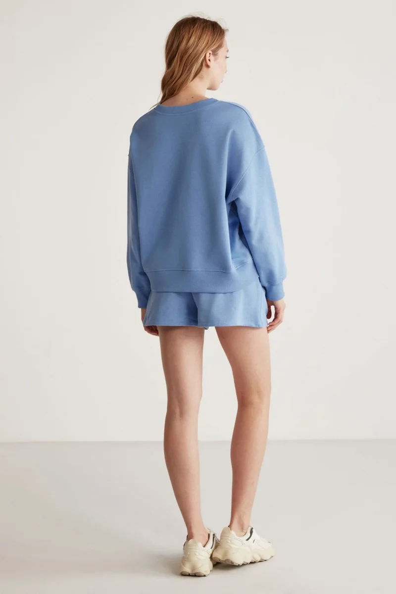 GRIMELANGE Jennifer Women's Crew Neck Printed Detailed Blue Sweatshirt