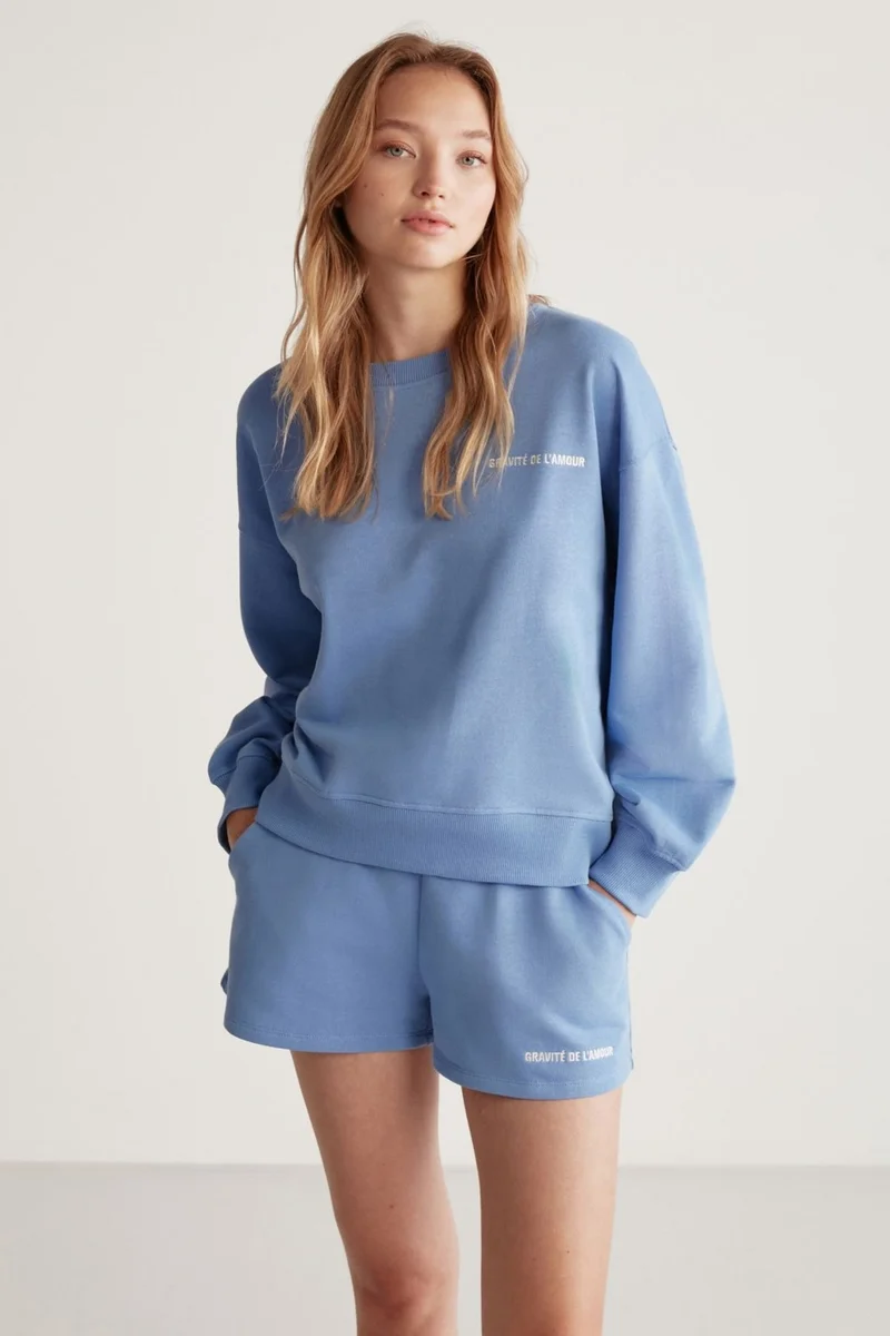 GRIMELANGE Jennifer Women's Crew Neck Printed Detailed Blue Sweatshirt