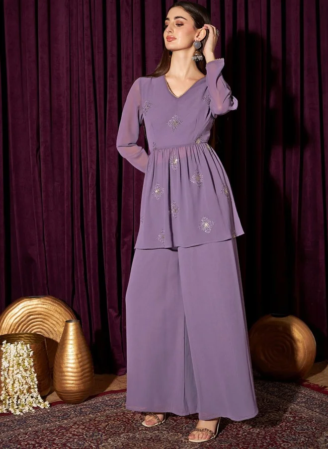 Indo Street Lavender Ethnic Motif Tunic With Palazzo For Women