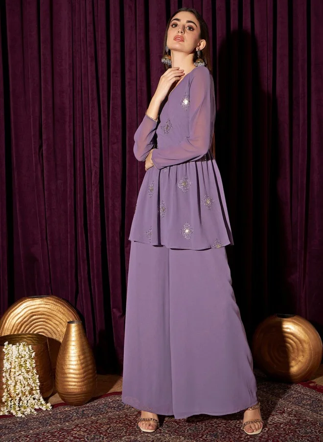 Indo Street Lavender Ethnic Motif Tunic With Palazzo For Women