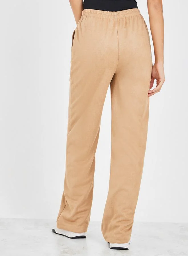 Styli Suede Look Straight Leg Pants with Side Pocket