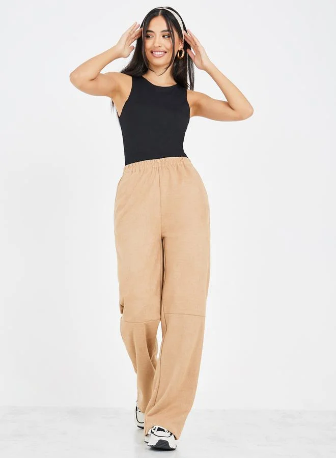 Styli Suede Look Straight Leg Pants with Side Pocket