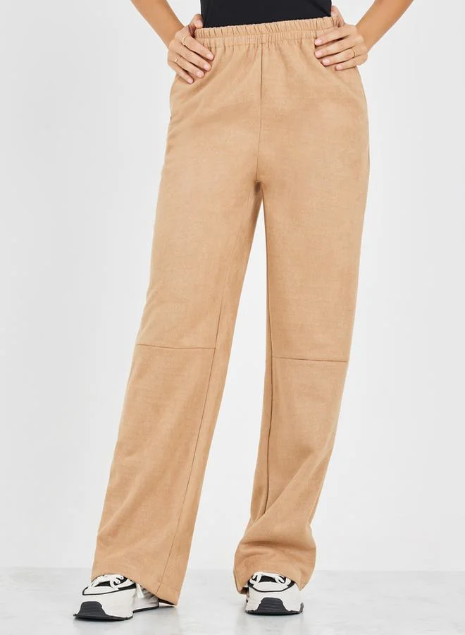 Styli Suede Look Straight Leg Pants with Side Pocket