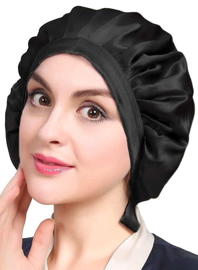 LilySilk غطاء رأس من حرير التوت 100% ليليسيلك، غطاء نوم حريري قابل للتعديل للشعر للنوم، أسود - Image 1
