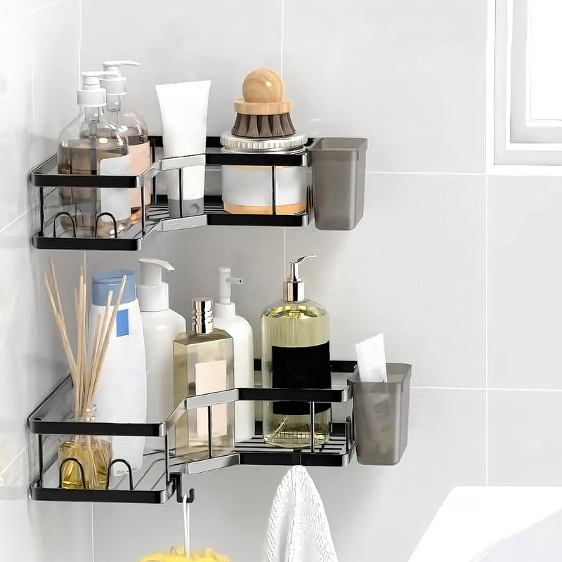 Moforoco Bathroom Corner Shelves Organiser Without Drill | Bathroom Accessories with Hooks | Self Adhesive Bathroom Shelf for Wall Black Pack of 2 - Image 3