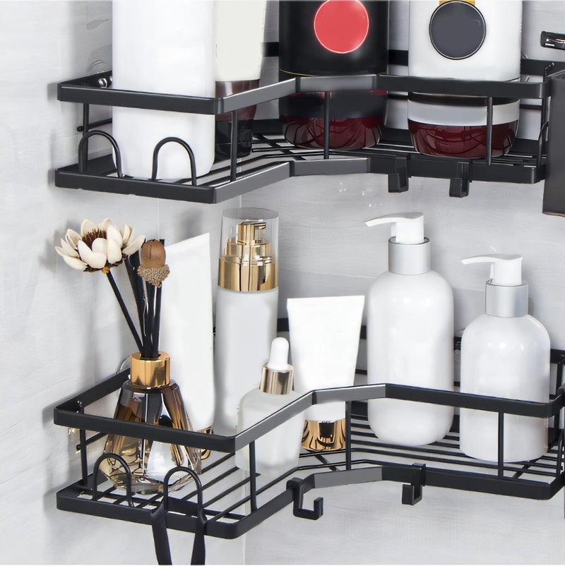 Moforoco Bathroom Corner Shelves Organiser Without Drill | Bathroom Accessories with Hooks | Self Adhesive Bathroom Shelf for Wall Black Pack of 2 - Image 4