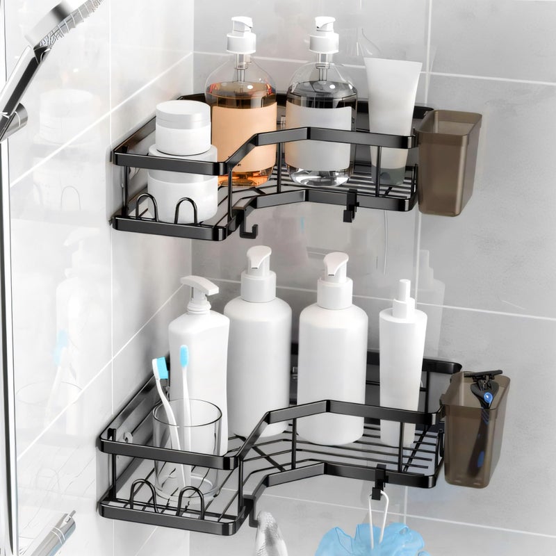 Moforoco Bathroom Corner Shelves Organiser Without Drill | Bathroom Accessories with Hooks | Self Adhesive Bathroom Shelf for Wall Black Pack of 2 - Image 1