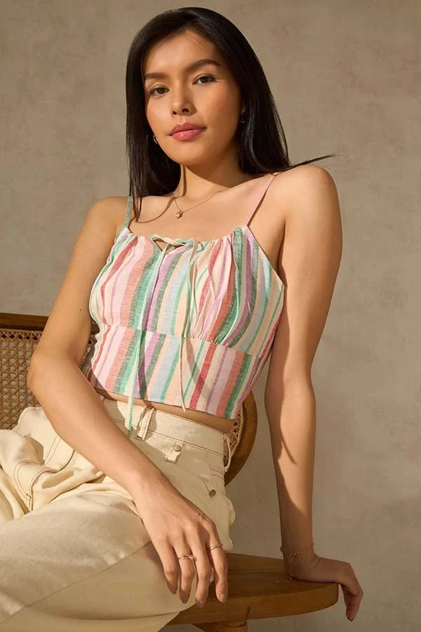 Virgio VIRGIO Linen Stripped Front Tie-Up Crop Top